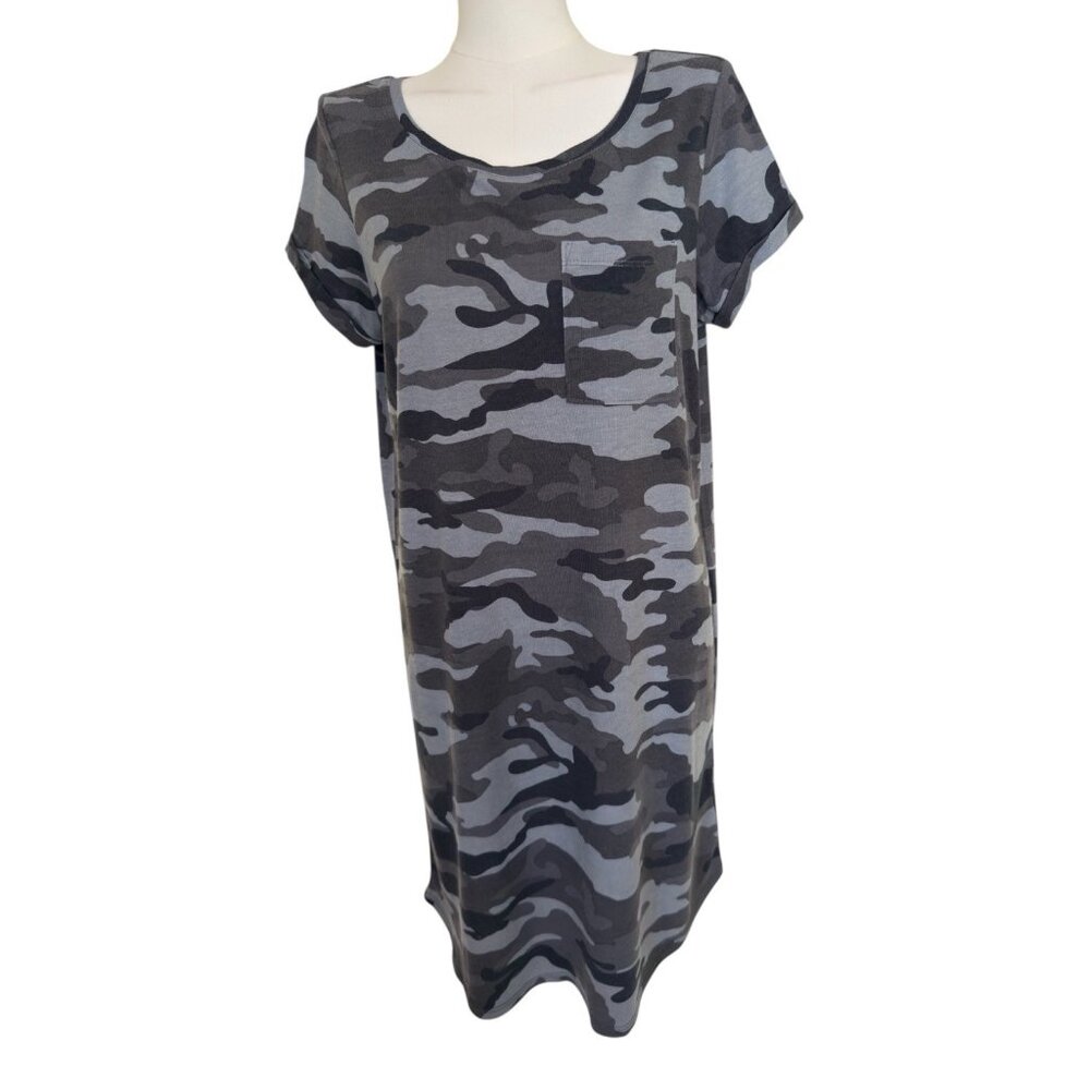 NWT Eliane Rose Gray Camo Round Neck Short Sleeve Pullover Dress Women's Sz M